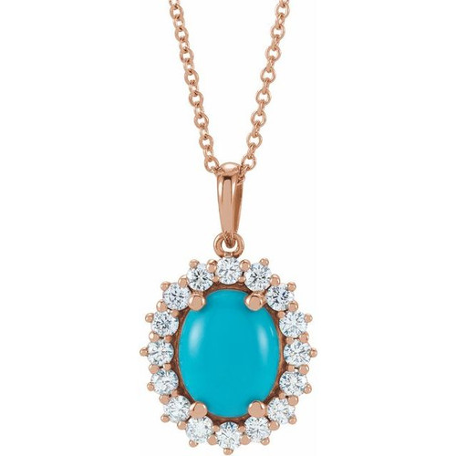14K Rose Natural Turquoise & 1/3 CTW Natural Diamond Halo-Style 16-18" Necklace
