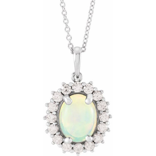 Sterling Silver Natural Ethiopian Opal & 1/4 CTW Natural Diamond Halo-Style 16-18" Necklace