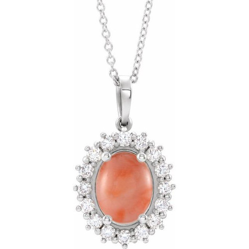 Platinum Natural Pink Coral & 1/4 CTW Natural Diamond Halo-Style 16-18" Necklace