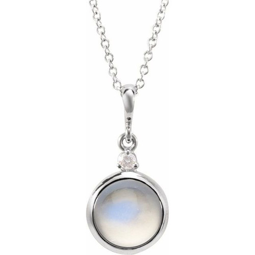 14K White 8 mm Natural Rainbow Moonstone & .03 CT Natural Diamond Cabochon 16-18" Necklace 