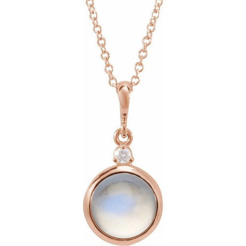 14K Rose 8 mm Natural Rainbow Moonstone & .03 CT Natural Diamond Cabochon 16-18" Necklace 
