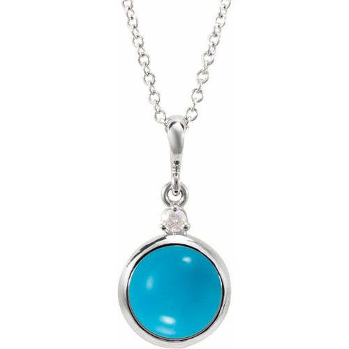 Sterling Silver 6 mm Natural Turquoise & .03 CT Natural Diamond Cabochon 16-18" Necklace 