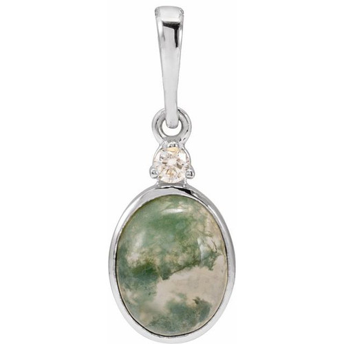 14K White 8x6 mm Natural Moss Agate & .03 CTW Natural Diamond Pendant