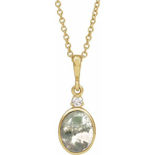 14K Yellow 8x6 mm Natural Moss Agate & .03 CTW Natural Diamond 16-18" Necklace