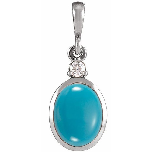 14K White 10x8 mm Natural Turquoise & .03 CT Natural Diamond Cabochon Pendant