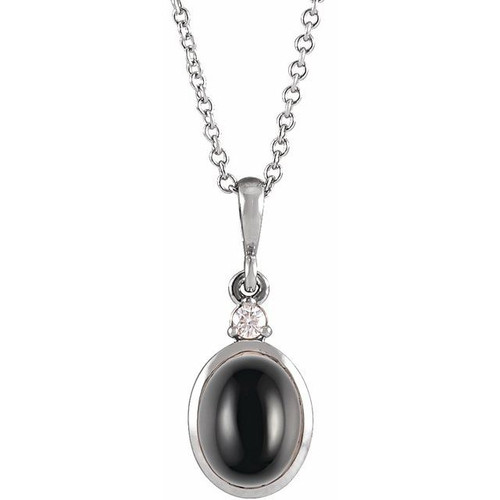 14K White 5x3 mm Natural Black Onyx & .03 CT Natural Diamond 16-18" Necklace 