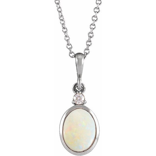 Sterling Silver 12x10 mm Natural White Opal & .03 CT Natural Diamond 16-18" Necklace 
