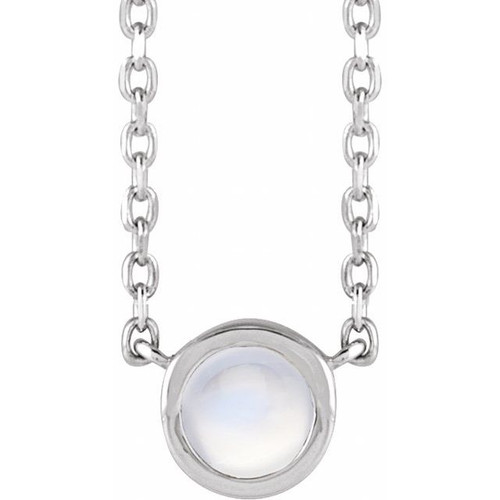 Platinum Cabochon Natural Rainbow Moonstone Bezel-Set 18" Necklace