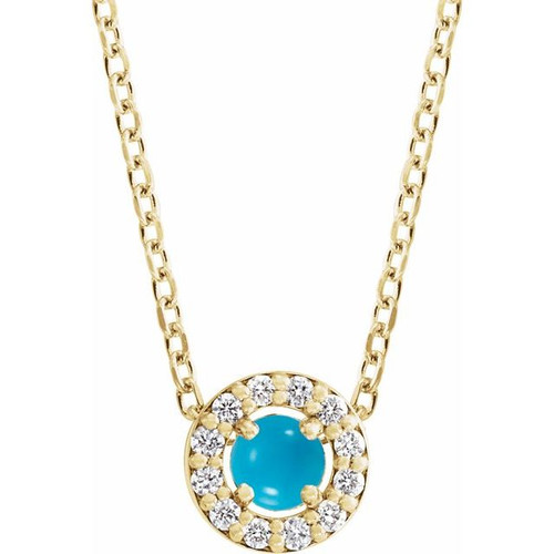 14K Yellow Cabochon Natural Turquoise & .06 CTW Natural Diamond Halo-Style 16-18" Necklace