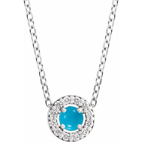 14K White Cabochon Natural Turquoise & .06 CTW Natural Diamond Halo-Style 16-18" Necklace