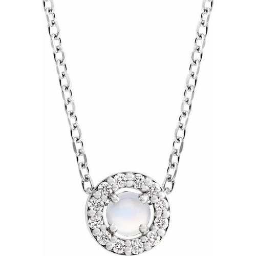 Sterling Silver Cabochon Natural Rainbow Moonstone & .05 CTW Natural Diamond Halo-Style 16-18" Necklace