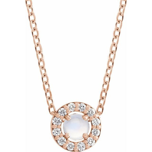 14K Rose Cabochon Natural Rainbow Moonstone & .05 CTW Natural Diamond Halo-Style 16-18" Necklace