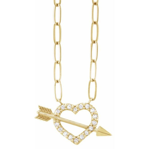 14K Yellow 1/8 CTW Natural Diamond Heart & Arrow 16" Necklace 