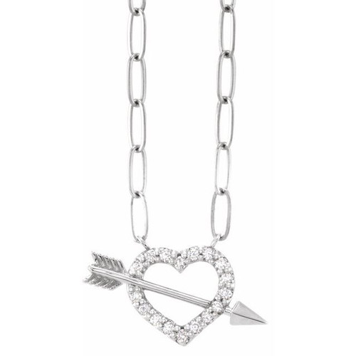 14K White 1/8 CTW Natural Diamond Heart & Arrow 16" Necklace 