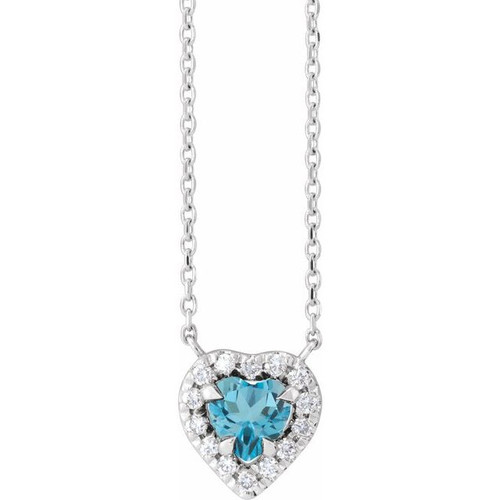 Platinum Natural London Blue Topaz & 1/8 CTW Natural Diamond French-Set Halo-Style 16" Necklace 