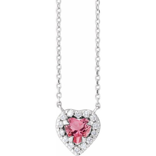 Sterling Silver Natural Pink Tourmaline & 1/8 CTW Natural Diamond French-Set Halo-Style 16" Necklace 