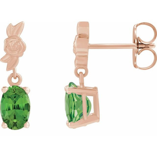 14K Rose 6x4 mm Natural Green Tourmaline Floral Earrings