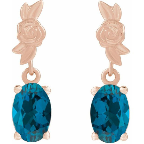 14K Rose 7x5 mm Natural London Blue Topaz Floral Earrings