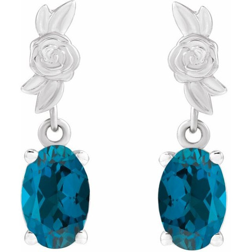 Platinum 8x6 mm Natural London Blue Topaz Floral Earrings