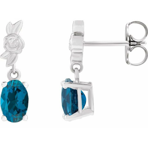 Sterling Silver 8x6 mm Natural London Blue Topaz Floral Earrings