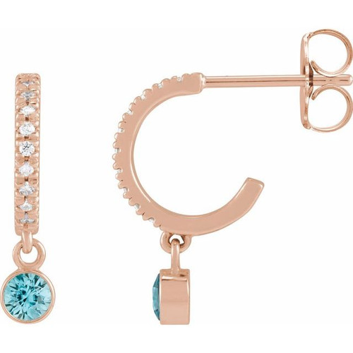 14K Rose Natural Blue Zircon & .08 Natural Diamond Hoop Earrings