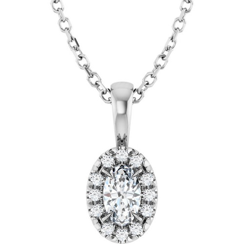 Sterling Silver 5x3 mm Natural White Sapphire & .05 CTW Natural Diamond 16-18" Necklace  