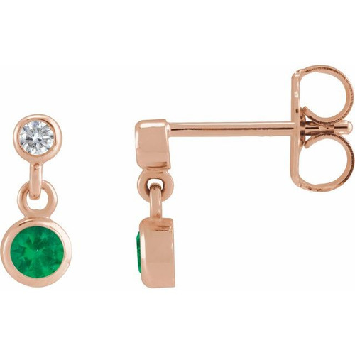 14K Rose Natural Emerald & .05 CTW Natural Diamond Two-Stone Earrings