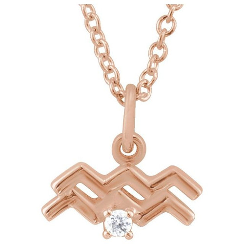 14K Rose .015 CT Natural Diamond Aquarius Zodiac 16-18" Necklace