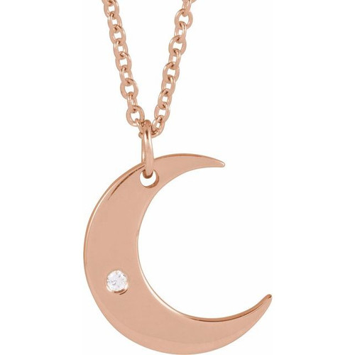 14K Rose .01 CT Natural Diamond Crescent Moon 16-18" Necklace