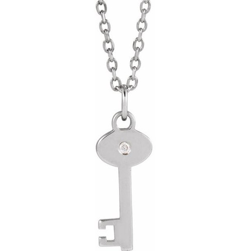 14K White .0025 CT Natural Diamond Key 16-18" Necklace