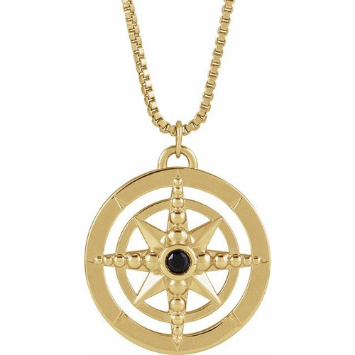 14K Yellow Natural Black Onyx Compass 20" Necklace