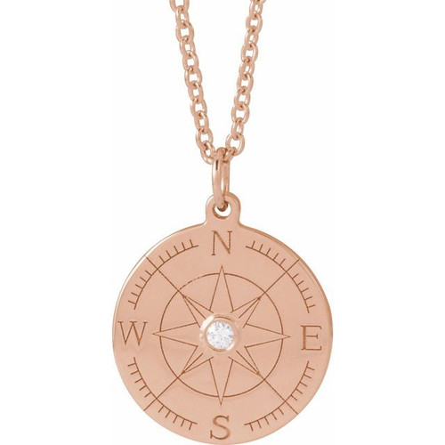 14K Rose .015 CT Natural Diamond Compass 16-18" Necklace