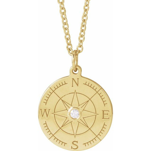 14K Yellow .015 CT Natural Diamond Compass 16-18" Necklace