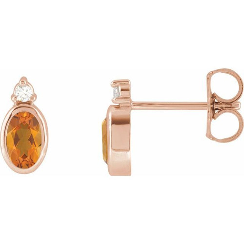 14K Rose 5x3 mm Natural Citrine & .03 CTW Natural Diamond Earrings