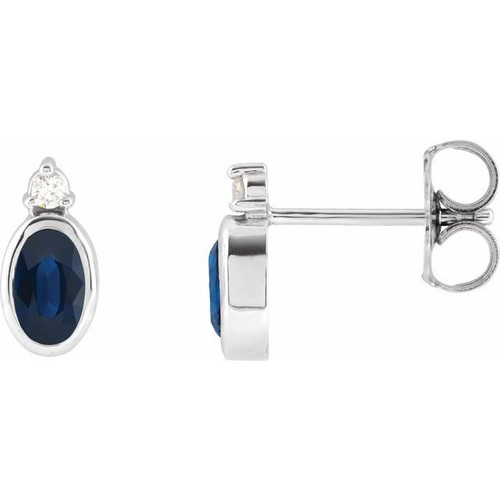 14K White 5x3 mm Natural Blue Sapphire & .03 CTW Natural Diamond Earrings