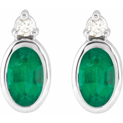 Sterling Silver 5x3 mm Natural Emerald & .03 CTW Natural Diamond Earrings