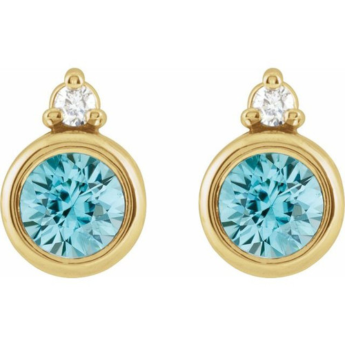 14K Yellow 4 mm Natural Blue Zircon & .03 CTW Natural Diamond Earrings