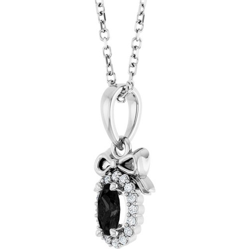 14K White Natural Black Onyx & .04 CTW Natural Diamond Bow 16-18" Necklace