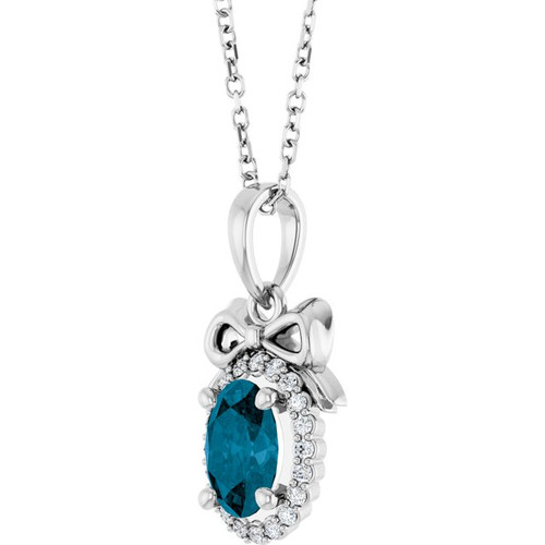 Platinum Natural London Blue Topaz & .08 CTW Natural Diamond Bow 16-18" Necklace
