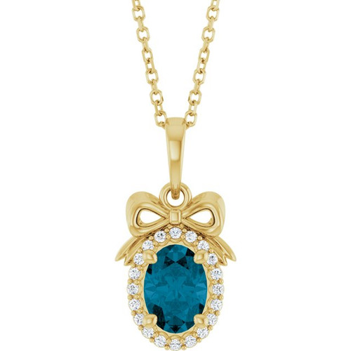 14K Yellow Natural London Blue Topaz & .08 CTW Natural Diamond Bow 16-18" Necklace