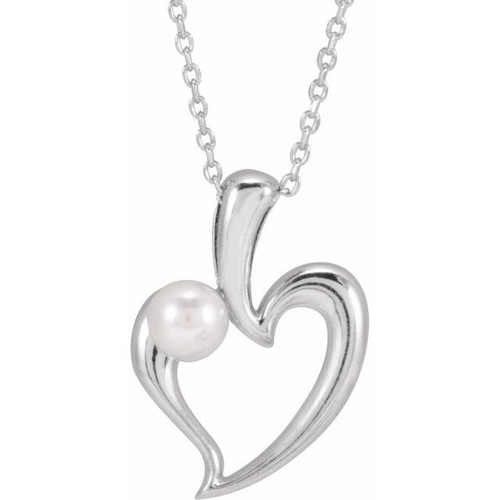 Platinum Cultured White Akoya Pearl Heart 16-18" Necklace