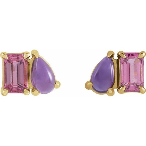 14K Yellow Natural Pink Tourmaline & Natural Amethyst Two-Stone Stud Earrings
