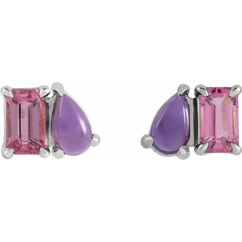 Platinum Natural Pink Tourmaline & Natural Amethyst Two-Stone Stud Earrings