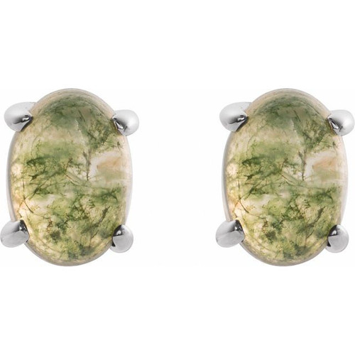 Sterling Silver 7x5 mm Oval Natural Moss Agate Earrings