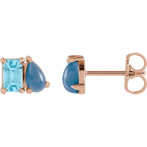 14K Rose Natural Sky Blue Topaz & Natural London Blue Topaz Two-Stone Stud Earrings