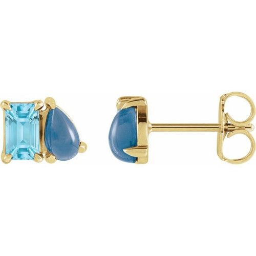 14K Yellow Natural Sky Blue Topaz & Natural London Blue Topaz Two-Stone Stud Earrings