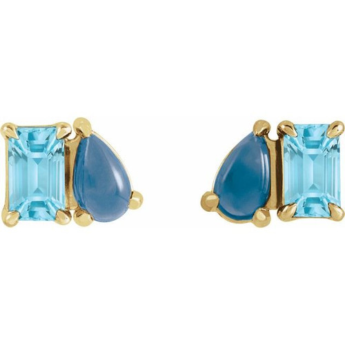 14K Yellow Natural Sky Blue Topaz & Natural London Blue Topaz Two-Stone Stud Earrings