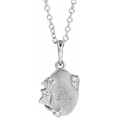 14K White .025 CTW Natural Diamond Engravable Floral 18" Necklace