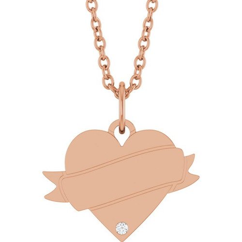 14K Rose .005 CT Natural Diamond Engravable Heart 18" Necklace