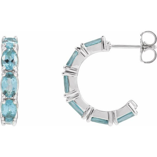 14K White Natural Aquamarine Hoop Earrings